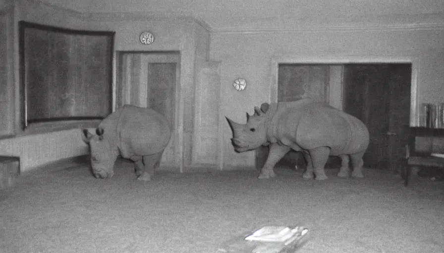 Prompt: a rhinoceros in a stalinist style room, by mini dv camera, very very low quality, heavy grain, very blurry, caught on trail cam