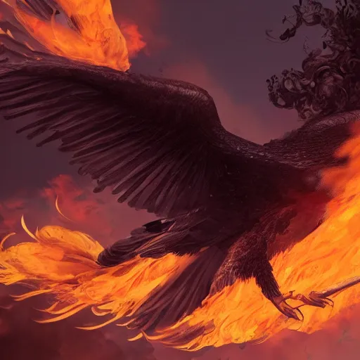 Prompt: Painting of a flying huge bird on fire trailing smoke from its wings, artstation, detailed