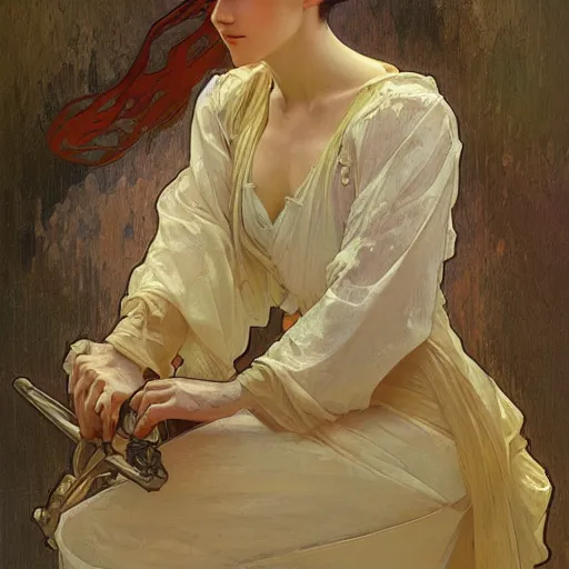 Image similar to alphonse mucha, j. c. leyendecker, and ruan jia combined art