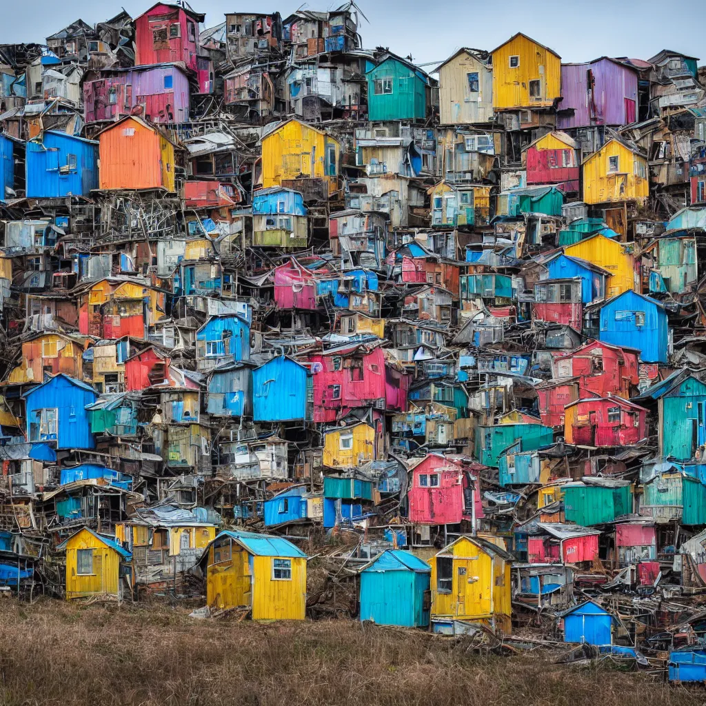 Image similar to a tower made up of colourful makeshift squatter shacks, dystopia, sony a 7 r 3, f 1 1, fully frontal view, photographed by jeanette hagglund, ultra detailed,