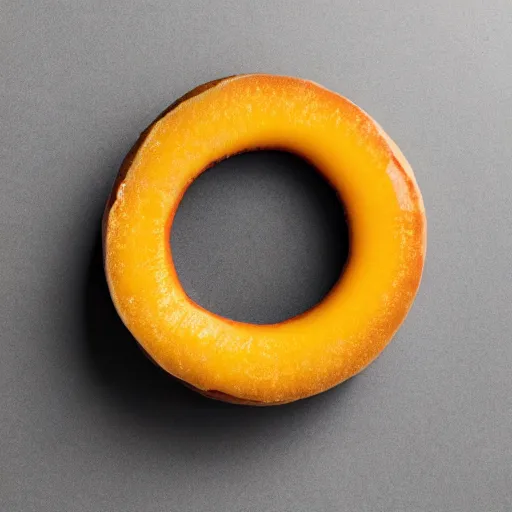 Prompt: Perfectly circular donut!!!!! in the style and shape of a mango!!!!!!, blended colors!!!!!, trending on artstation, 4k, 8k, professional photography, overhead shot, 35mm lens