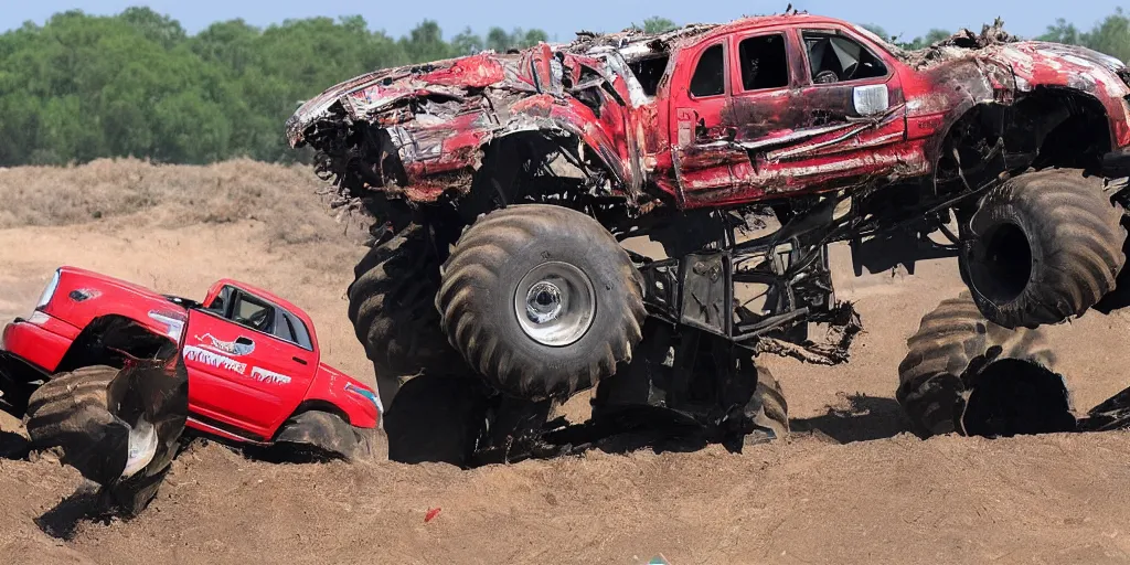 Image similar to trump, wrecked monster truck