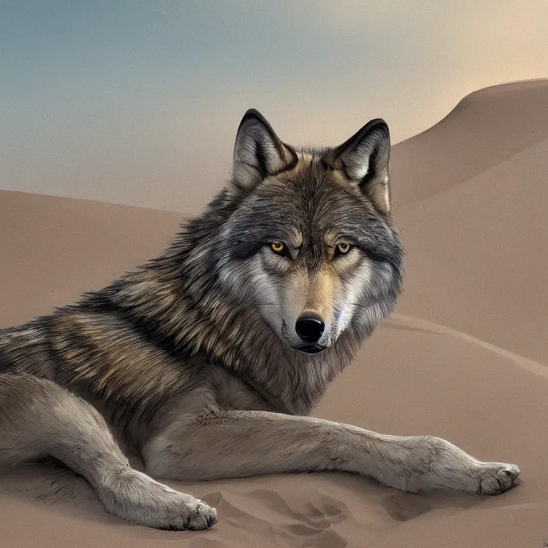 Image similar to Majestic wolf in a sand dune on the heath. Rough brushstrokes. Beautiful detailed scene. Interesting natural colour scheme. Beautiful digital painting by Lurid (2022)