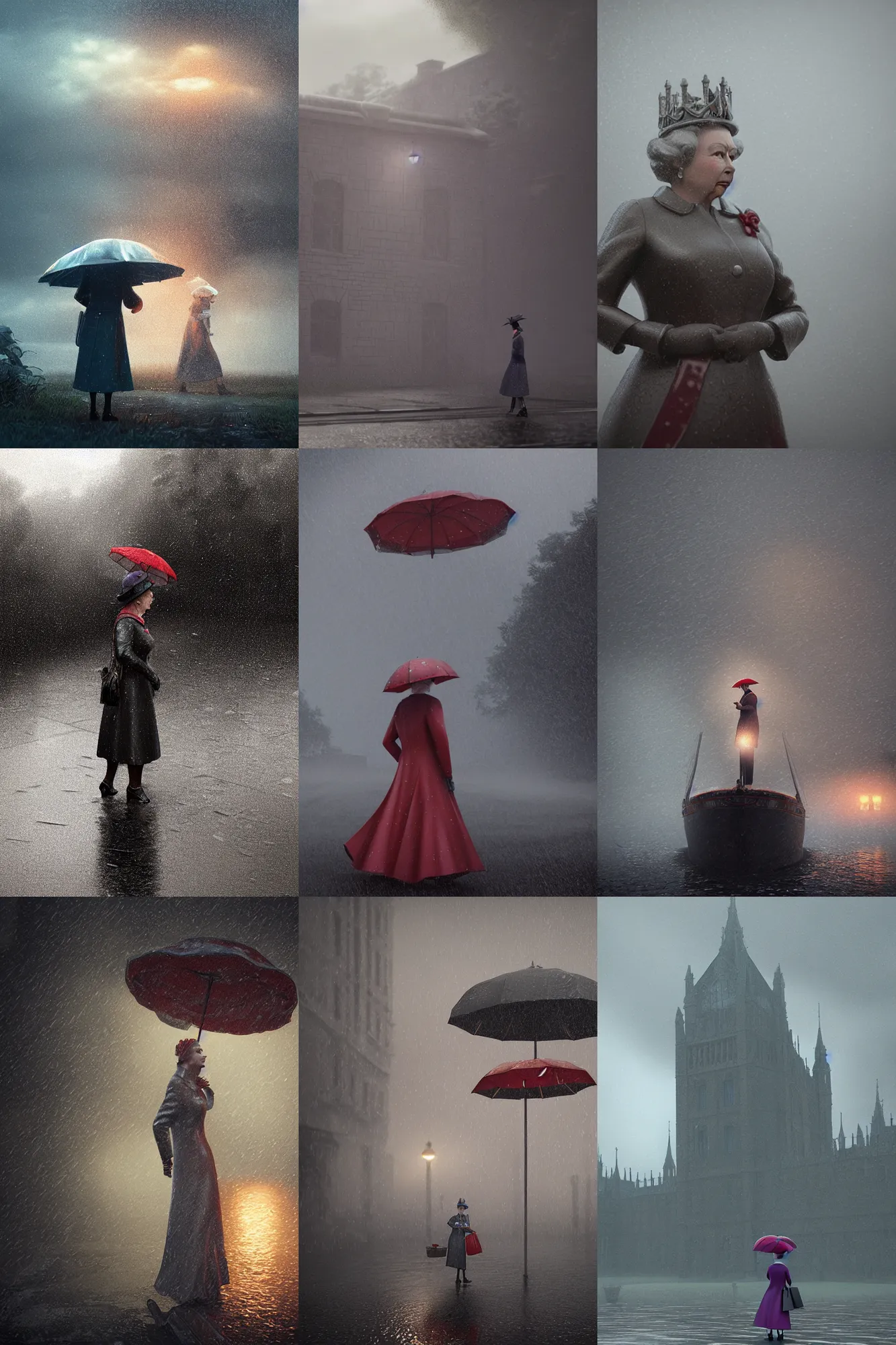 Prompt: Queen Elizabeth getting caught in the rain. Pixar animation, sharp, Rendered in Redshift and Unreal Engine 5 by Greg Rutkowski, Bloom, dramatic moody high contrast lighting, dusk