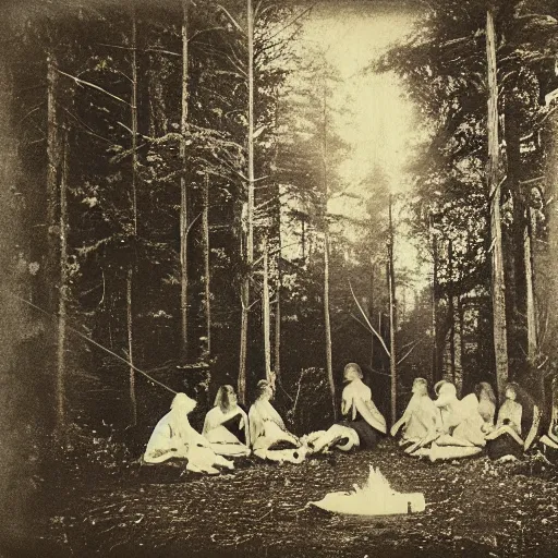 Prompt: a ritual in the woods daguerrotype