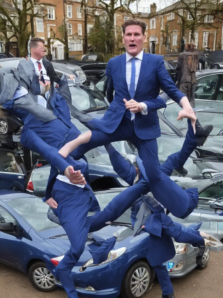 Image similar to Sir Kier Starmer wearing a blue suit jumping on top of a toyota yaris