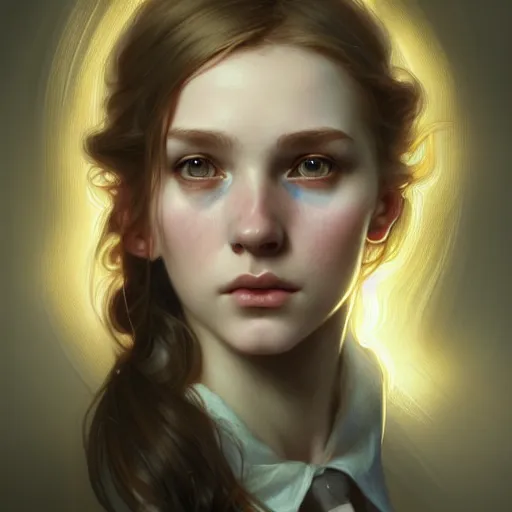 Image similar to portrait of a scottish teenage girl with dark blonde hair, glowing skin, delicate features, nerdy, fantasy, intricate, elegant, dress shirt, highly detailed, digital painting, artstation, concept art, smooth, sharp focus, illustration, art by Krenz Cushart and Artem Demura and alphonse mucha