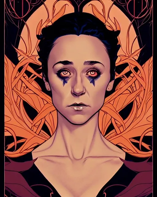 Image similar to beautiful stella maeve magician, black magic spells, in the style of joshua middleton, rafeal albuquerque comicbook cover art, phil noto, creepy pose, spooky, symmetrical face and body, cinematic lighting, detailed realistic symmetrical eyes, insanely detailed and intricate elegant, autumn leaves