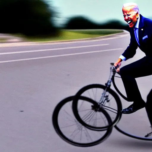 Prompt: ultra realistic photo of joe biden falling off of his bike, film, perfect face, in the style of a candid photo, perfect face