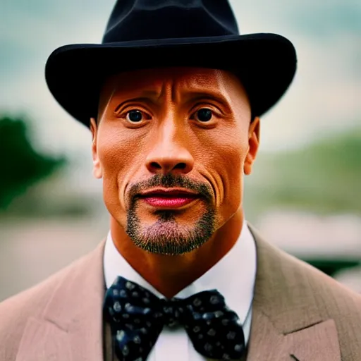 Prompt: photo of dwayne johnson with a goatee facial hair, wearing a fedora, cinestill, 8 0 0 t, 3 5 mm, full - hd