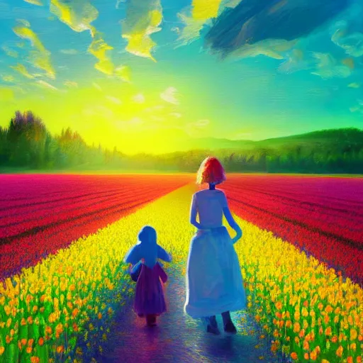 Image similar to large tulip as a face, girl walking in a flower field, surreal photography, sunrise dramatic light, impressionist painting, colorful clouds, digital painting, artstation, simon stalenhag