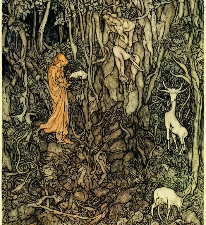 Prompt: person in the forest with a goat and a robot by Ivan Bilibin, Austin Osman Spare, Arthur Rackham, Vania Zouravliov, Norman Rockwell, high quality, ultra detailed