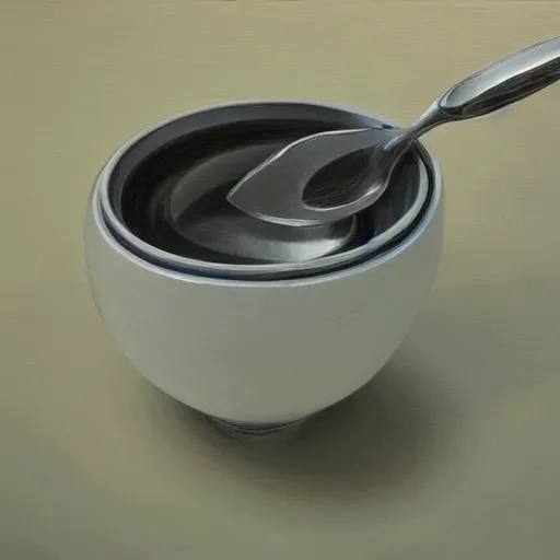 Prompt: a robotic soup bowl, oil painting, pale colors, high detail, 8 k, wide angle, trending on artstation,