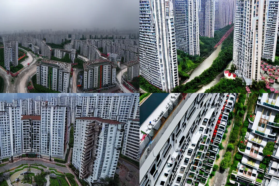 Prompt: drone footage of chinese apartments, cloudy, photograph