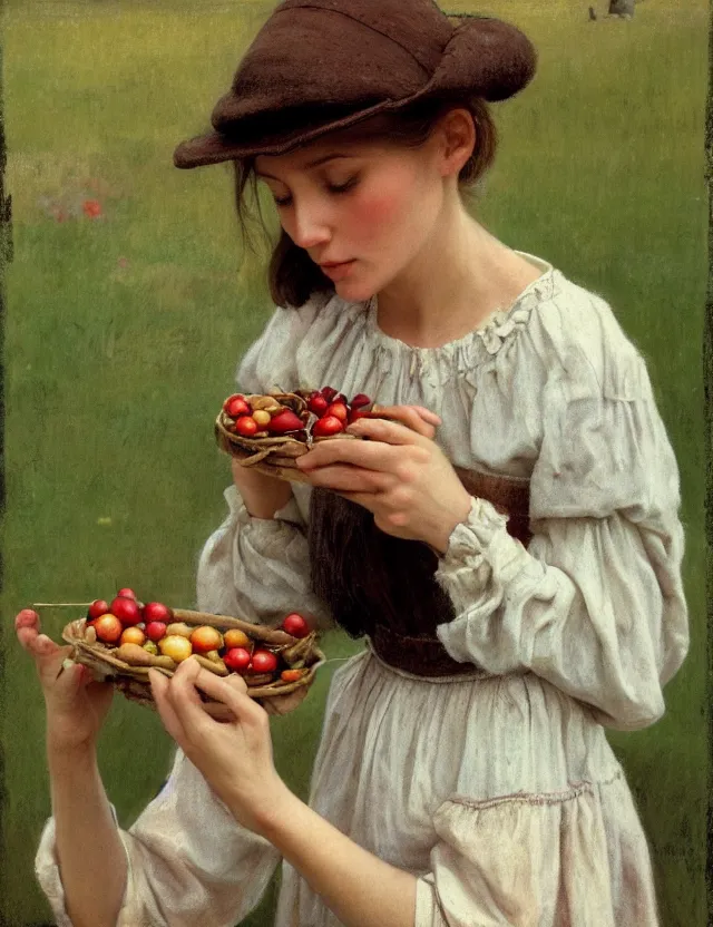 Image similar to peasant girl eating cherry, portrait, cottage core, cinematic focus, polaroid photo bleached vintage pastel colors high - key lighting, soft lights, foggy, by steve hanks, by lisa yuskavage, by serov valentin, by tarkovsky, 8 k render, detailed, oil on canvas