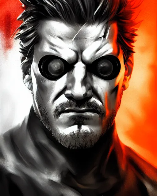 Image similar to solid snake bust portrait, cinematic lighting, backlit face, tired expression, close - up, black atmospheric background, 4 k ultra detailed digital photoshop painting, best of artstation hdr, official artwork hdr