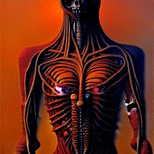 Image similar to alien man, full body, portraiture, painted by Beksiński, oil painting, intricate details