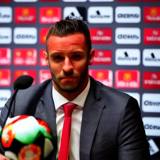 Prompt: BBC Sports photography of a Manchester United press conference introducing their new signing Master Chief