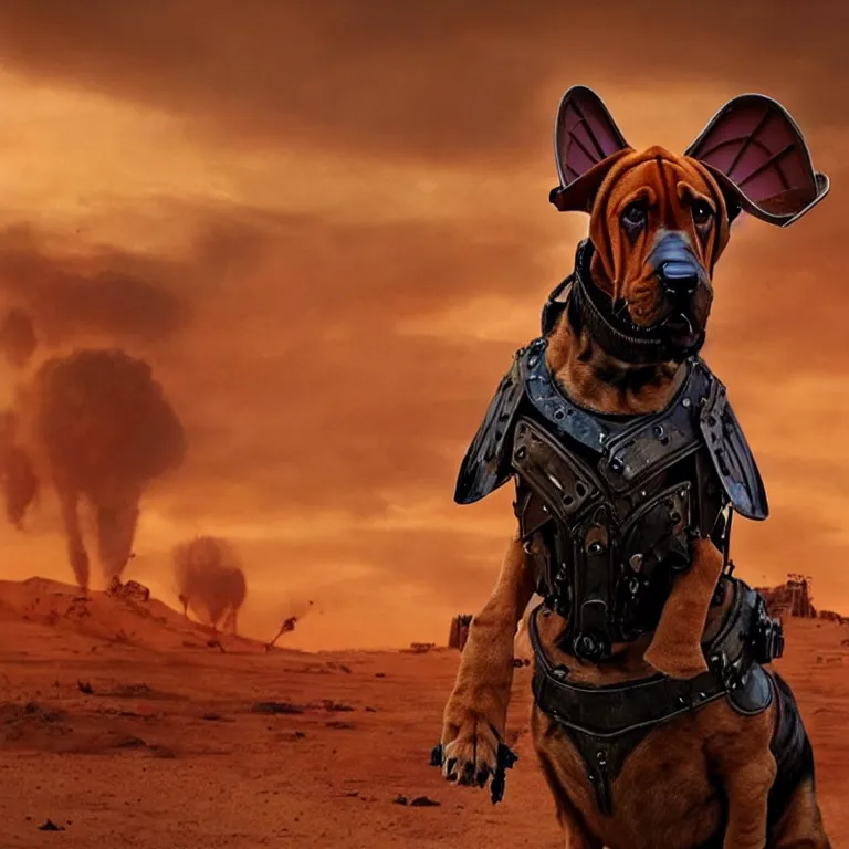 Image similar to a good ol'floppy - eared bloodhound pup fursona ( from the furry fandom ), heavily armed and armored facing down armageddon in a dark and gritty version from the makers of mad max : fury road. witness me.