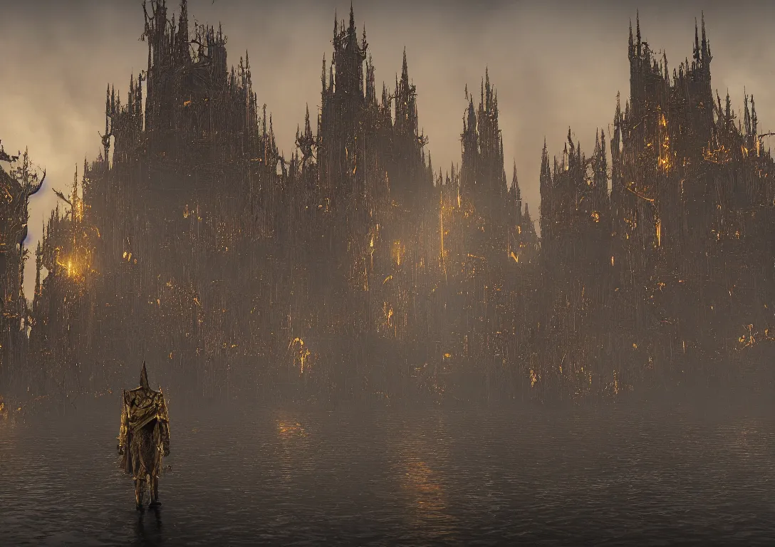 Prompt: the golden spires of the carcosa palace are illuminated by huge black sun, and the lake reflecting yhtill's remnants curled gunsmoke. 8 k, bloodborne cg style, unreal engine 5