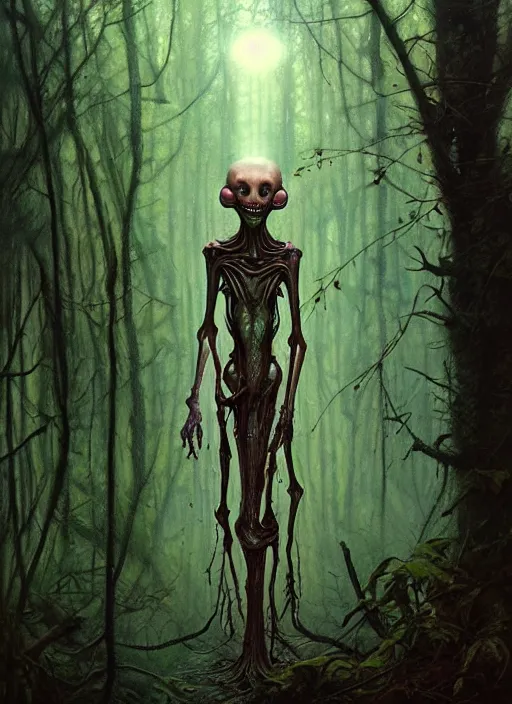 Image similar to hyper realistic spooky alien in the woods in a river gorgeous lighting, lush forest foliage blue sky a hyper realistic painting by chiara bautista and beksinski and norman rockwell and greg rutkowski, tom bagshaw weta studio, and lucasfilm