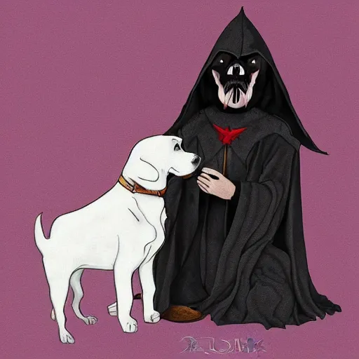 Prompt: the dark Lord petting his dog, Digital art,