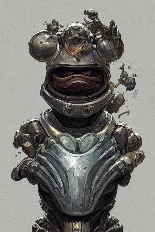 Image similar to Portrait of pepe with a spoon wearing futuristic power armor, fantasy, intricate, highly detailed, digital painting, trending on artstation, sharp focus, illustration, style of Stanley Artgerm and Greg Rutkowski and Dan Mumford