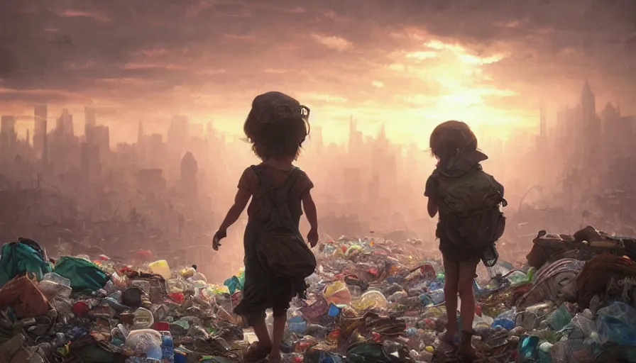 Image similar to poor detailed child with backpack looking for food at garbage dump, city is pure wasteland, moody sunset in background, greg rutkowski, alphonse mucha, trending on artstation, artgerm, unreal engine, breathtaking, award winning, highly detailed