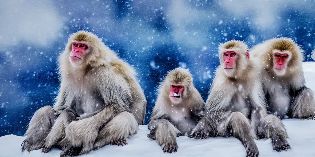 Prompt: scenic mountain setting, a family of snow monkeys gather at the natural spa to get warm, highly detailed, snow flurry, cold, steamy, desaturated blue, inquisitive, striking, contemplative, happy, content, warm, watercolor, dry brush