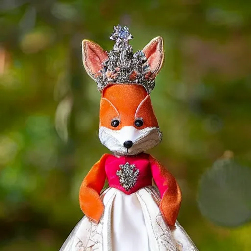 Image similar to a toy fox wearing a beautiful queen dress, highly detailed, exquisite, fabulous