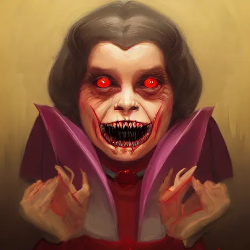 Prompt: Dolores Umbridge evil with red eyes and sharp teeth, highly detailed, digital painting, artstation, concept art, smooth, sharp focus, studio light, by Anato Finnstark,