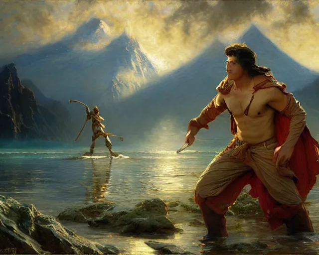 Image similar to attractive male wizard casting powerful giant tsunami spell in a beautiful lake. highly detailed painting by gaston bussiere, craig mullins, j. c. leyendecker 8 k