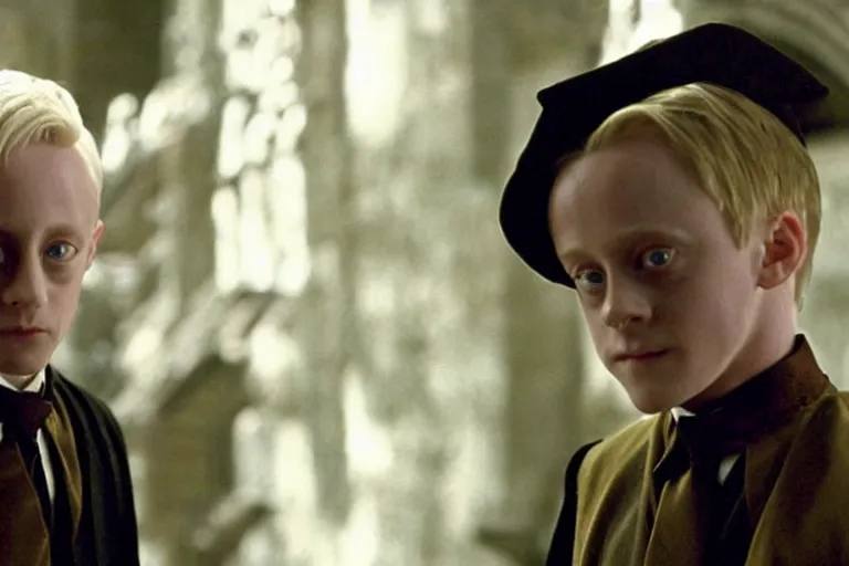 Image similar to film still Macaulay Culkin as Draco Malfoy wearing hogwarts uniform in Harry Potter movie