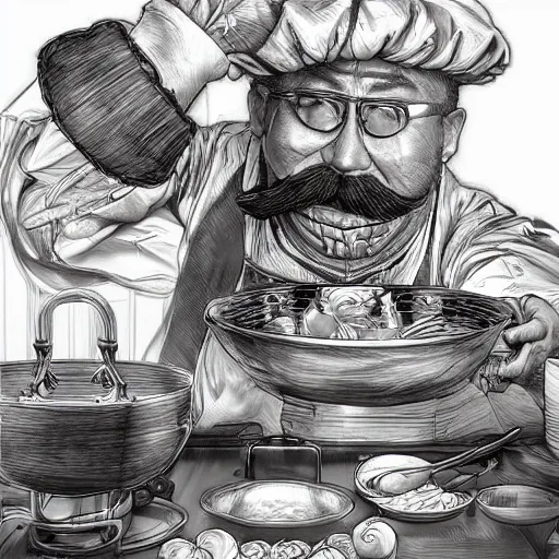 Prompt: hyper-detailed digital painting A chef with a big mustache proundly making a soup by kim jung gi