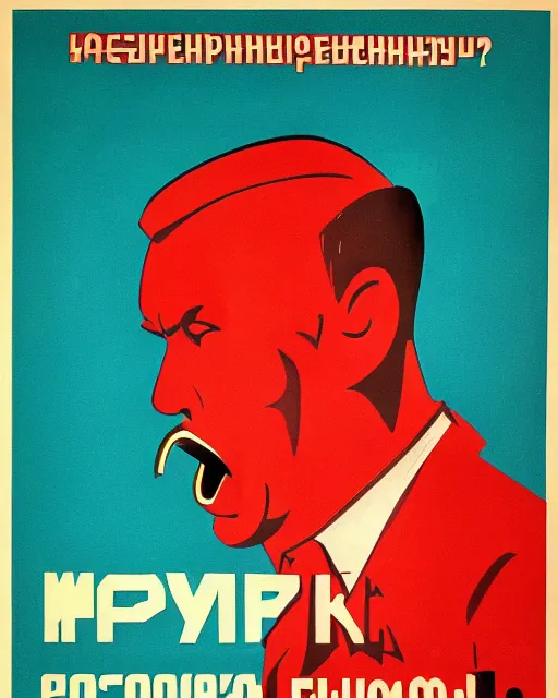 Image similar to soviet propaganda poster of an angry communist developer yelling at his computer