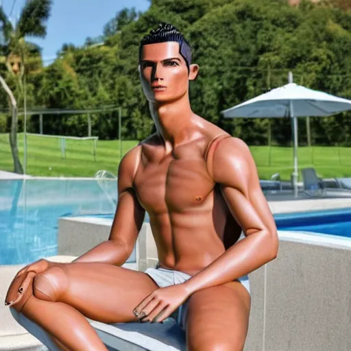 Image similar to a realistic detailed photo of a guy who is an attractive humanoid who is half robot and half humanoid, who is a male android, soccer player cristiano ronaldo, shiny skin, posing like a statue, blank stare, by the pool, on display, showing off his muscles, humanoid robot, gold soccer shorts