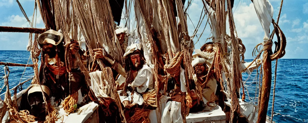 Prompt: the pirate blackbeards spaghetti treasure, aboard his sailboat, caribbean, 1 7 0 0 s, canon 2 0 mm, photograph, kodachrome,