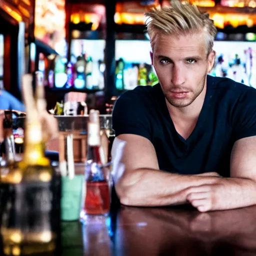 Prompt: a blonde man at a bar,