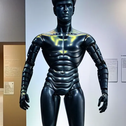 Image similar to “a realistic detailed photo of a guy who is an attractive humanoid who is half robot and half humanoid, who is a male android, actor Liam Hemsworth, shiny skin, posing like a statue, blank stare, at the museum, on display”