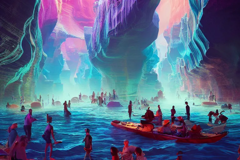 Prompt: floating markets of times square river with bioluminescent wave in new york city mixed antelope canyon during sakura season on an interstellar aurora borealis, gold waterfalls, vendors, festivals, fun, by peter mohrbacher, james jean, james gilleard, greg rutkowski, vincent di fate, rule of thirds, octane render, beautiful landscape