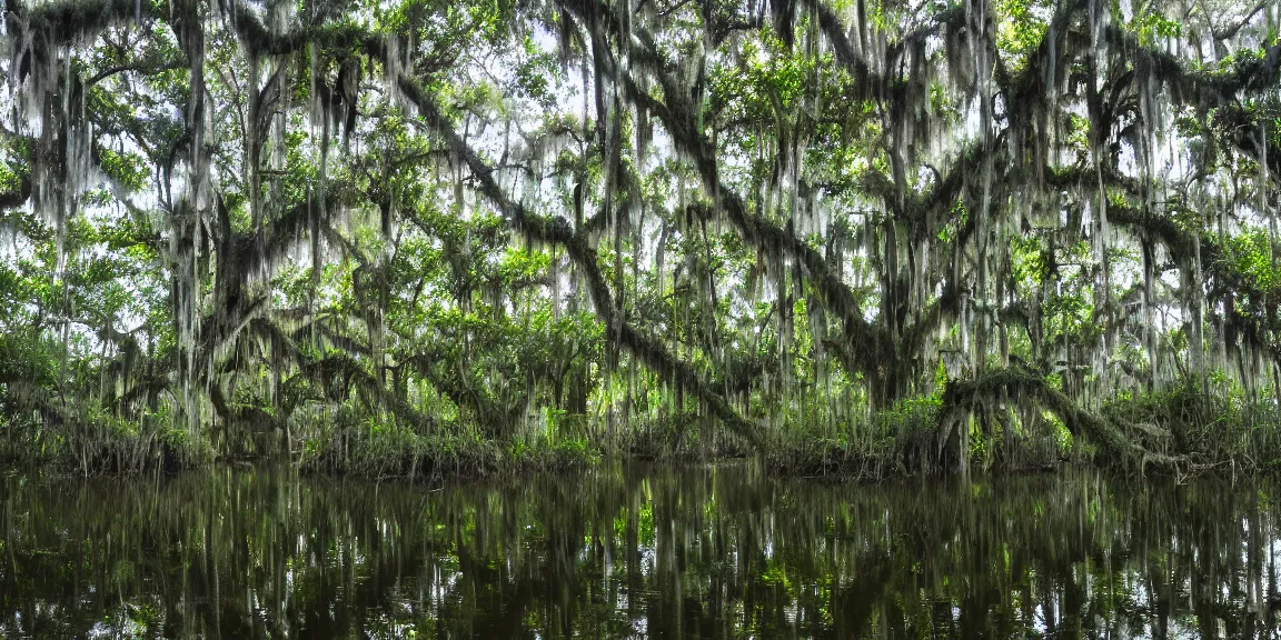Prompt: Louisiana bayous, large baldcypress towering up from the swamps, black mangroves and spanish moss growing from roots planted in the water. Waterlilies and groundsel, somewhat sunny but also slightly overcast. Southern Louisiana, Cajun. F. Trending on Artstation, deviantart, worth1000. By Greg Rutkowski. National Geographic and iNaturalist HD photographs
