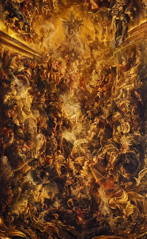 Image similar to 'Deamons Invade The Holy See' by István Sándorfi royally decorated, whirling smoke, embers, gold encrustations , gilt silk torn fabric, radiant colors, fantasy, perfect lighting, studio lit, micro details,