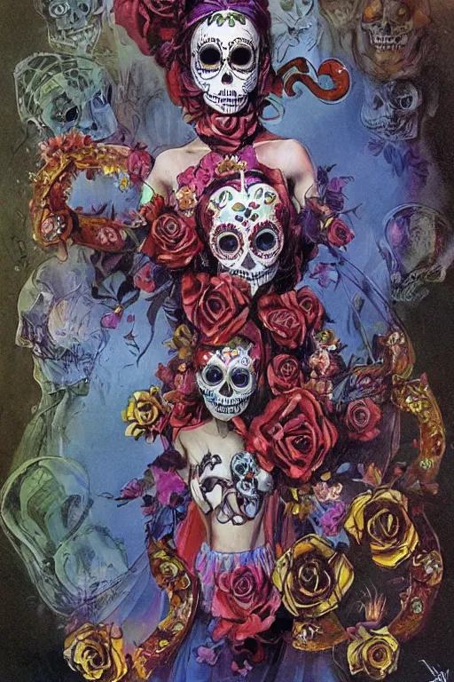 Prompt: Illustration of a sugar skull day of the dead girl, art by peter andrew jones