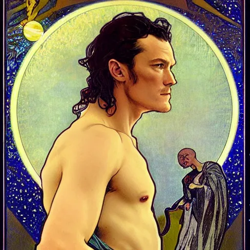 Prompt: luke evans portrait by louis - theophile hingre and alphonse mucha, realistic, sharp focus, zodiac signs, tarot cards, planets, ethereal, art nouveau, magic, moon, sun, crown, dreamy, royal, jewellery