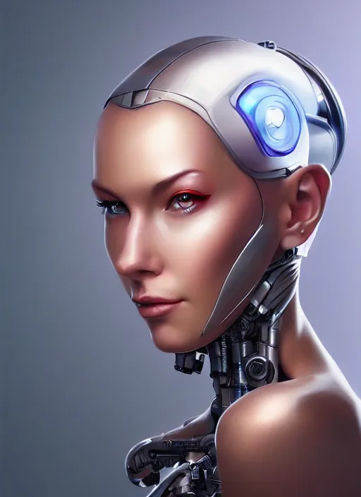 Image similar to portrait of a cyborg woman by Artgerm, (((((face turns left))))) (((((face turns right))))), open eyes , biomechanical, hyper detailled, trending on artstation