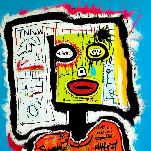 Prompt: Gritty neon splattered punk painting of an angled view of a man with a TV head, painted by Basquiat. Dark background. Trending on artstation