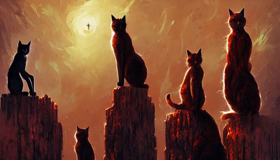 Prompt: artwork of really tall sitting cats by anato finnstark, by karol bak, thick brush, 4 k resolution