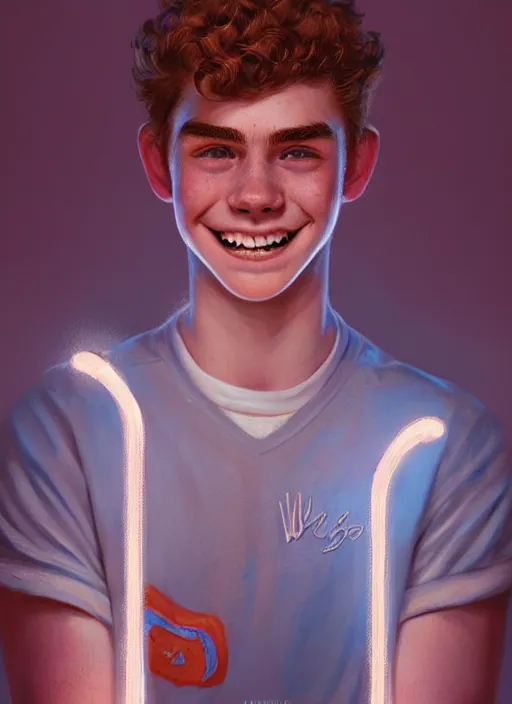 Image similar to portrait of teenage archie andrews, freckles, curly middle part haircut, curly hair, smiling kindly, intricate, elegant, glowing lights, highly detailed, digital painting, artstation, concept art, smooth, sharp focus, illustration, art by wlop, mars ravelo and greg rutkowski