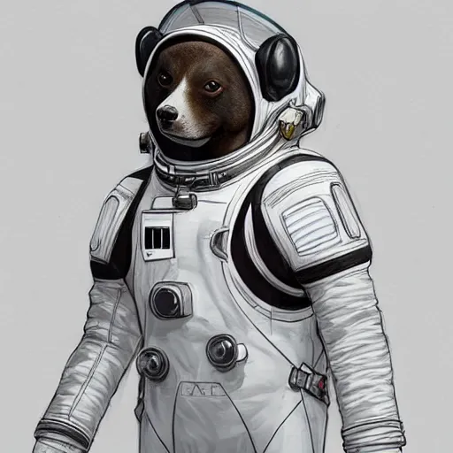 Image similar to a dog in a astronaut suit, 3d, sci-fi fantasy, intricate, elegant, highly detailed, lifelike, photorealistic, digital painting, artstation, illustration, concept art, sharp focus, art in the style of Shigenori Soejima