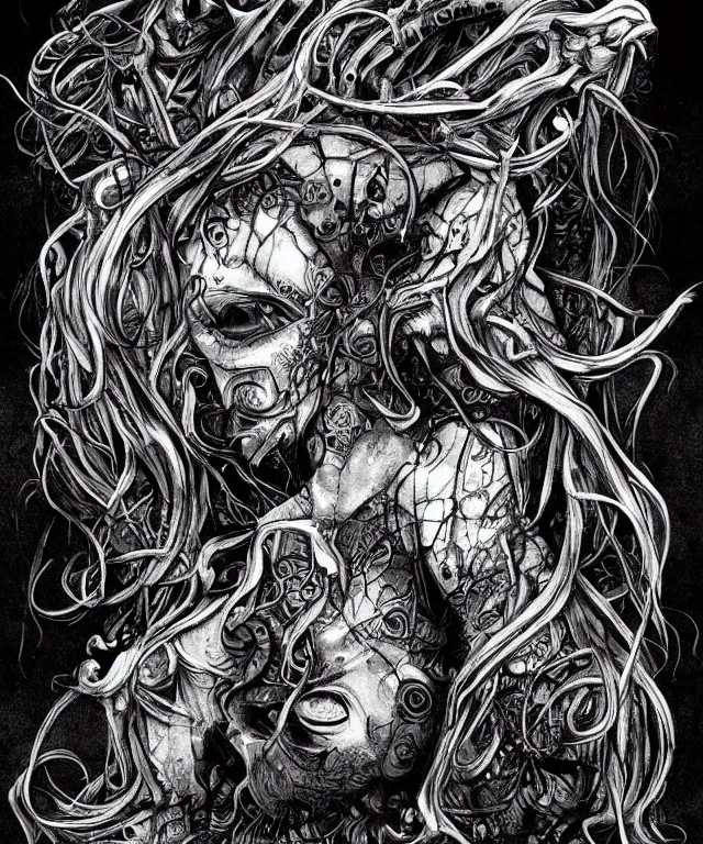 Image similar to black and white illustration, creative design, body horror, monster